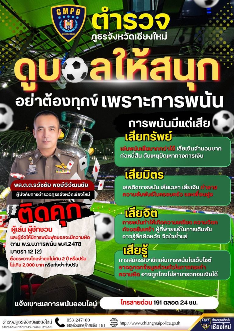 ตำรวจภูธรจังหวัดเชียงใหม่ เตือน !!! ดูบอลให้สนุก อย่าต้องทุกข์เพราะการพนัน