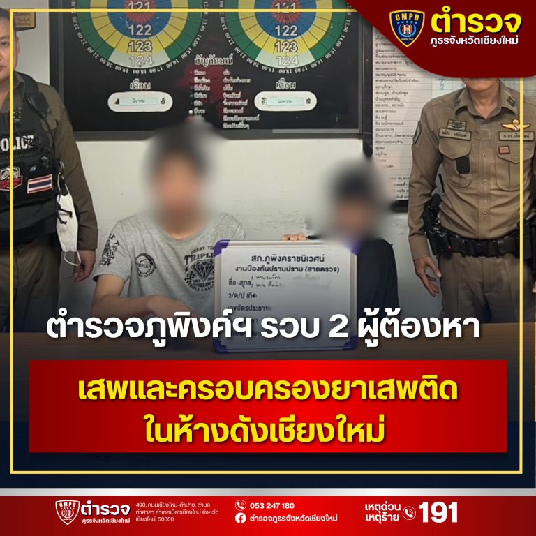 ตำรวจภูพิงค์ฯ รวบ 2 ผู้ต้องหาเสพและครอบครองยาเสพติดในห้างดังเชียงใหม่