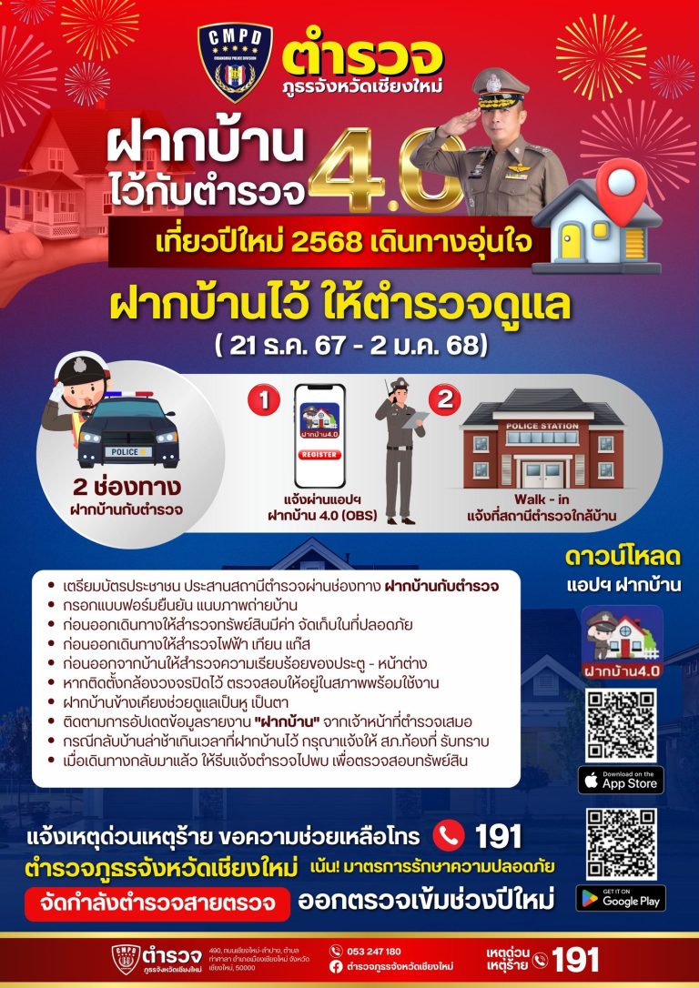 “ตำรวจภูธรจังหวัดเชียงใหม่” ออกมาตรการเข้มดูแลชีวิตและทรัพย์สินของพี่น้องประชาชน ช่วงเทศกาลปีใหม่