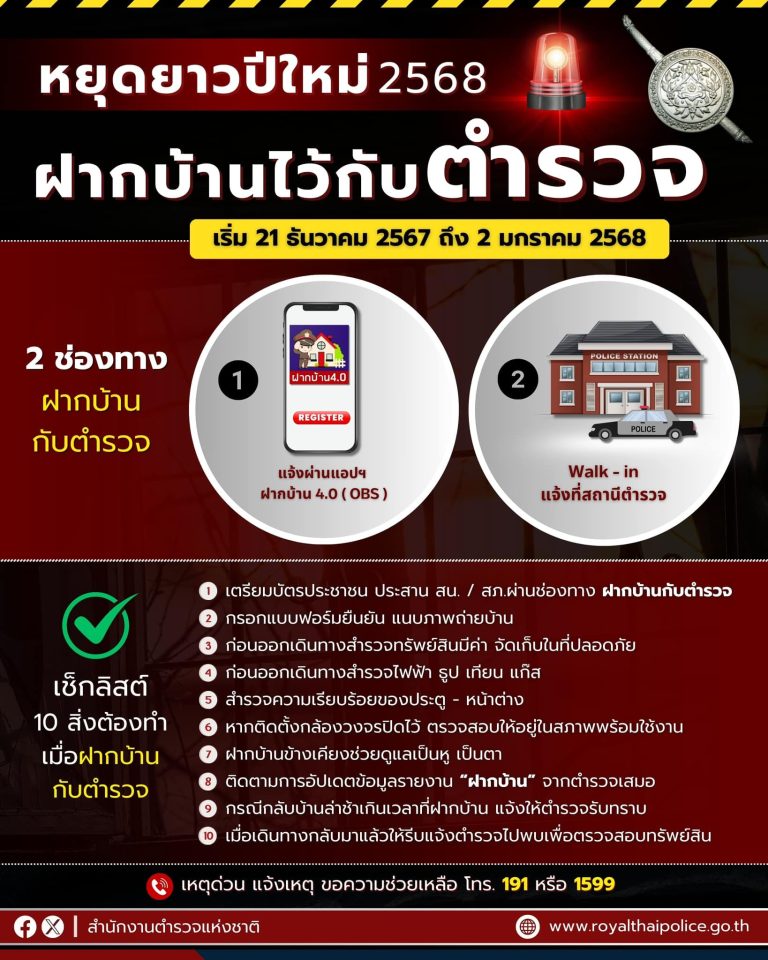 เริ่มแล้ว #ฝากบ้านกับตำรวจ  ปีใหม่นี้หยุดยาว ฝากบ้านไว้ให้ตำรวจช่วยดูแล