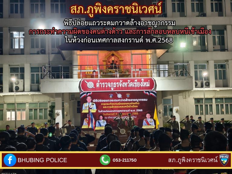 วันที่ 8 เมษายน 2568 วลา 05.30 น. พ.ต.อ.มนัสชัย อินทร์เถื่อน ผกก.สภ.ภูพิงคราชนิเวศน์ พร้อมกำลังข้าราชการตำรวจ สภ.ภูพิงคราชนิเวศน์ รวม 14 นาย ร่วมพิธีปล่อยแถวระดมกวาดล้างอาชญากรรมการกระทำความผิดของคนต่างด้าวและการลักลอบหลบหนีเข้าเมือง ในห้วงก่อนเทศกาลสงกรานต์ พ.ศ.2568