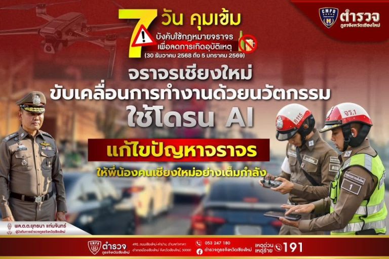 จราจรเชียงใหม่ขับเคลื่อนการทำงานด้วยนวัตกรรมใช้โดรน AI แก้ไขปัญหาจราจรให้พี่น้องคนเชียงใหม่อย่างเต็มกำลัง
