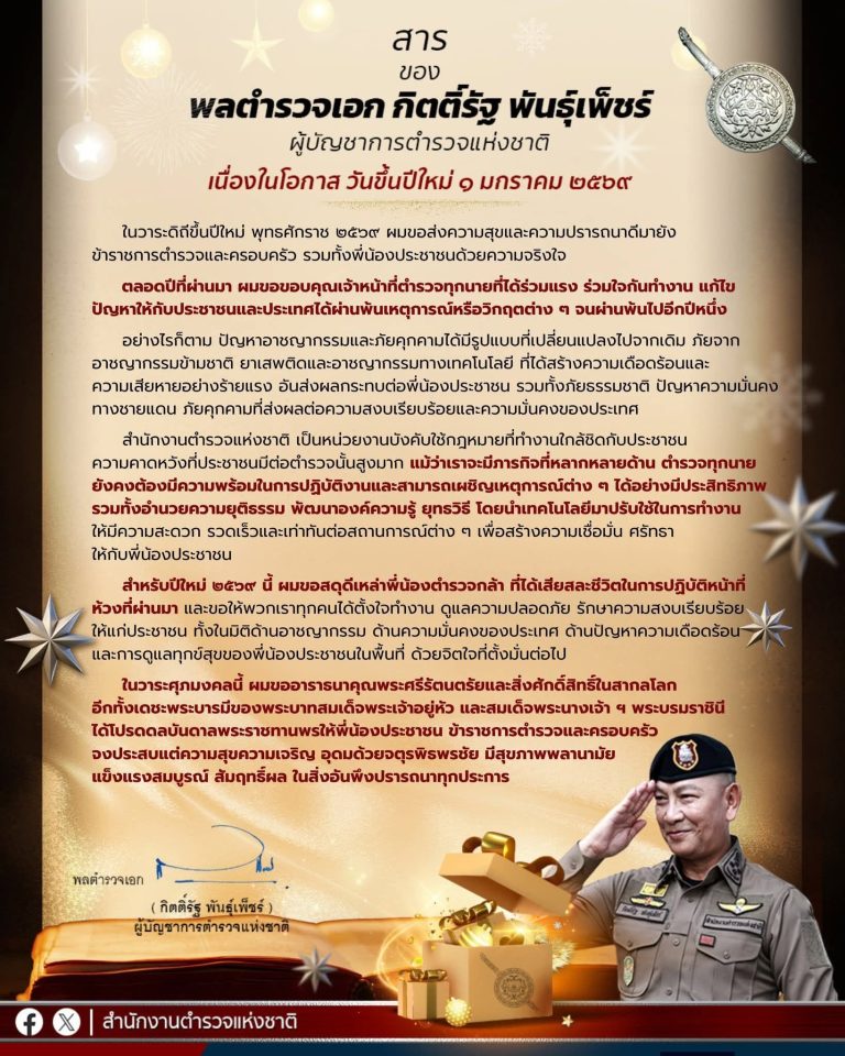 สาร ปีใหม่ จาก “พล.ต.อ. กิตติ์รัฐ พันธุ์เพ็ชร์ ผู้บัญชาการตำรวจแห่งชาติ” ถึงข้าราชการตำรวจและประชาชน