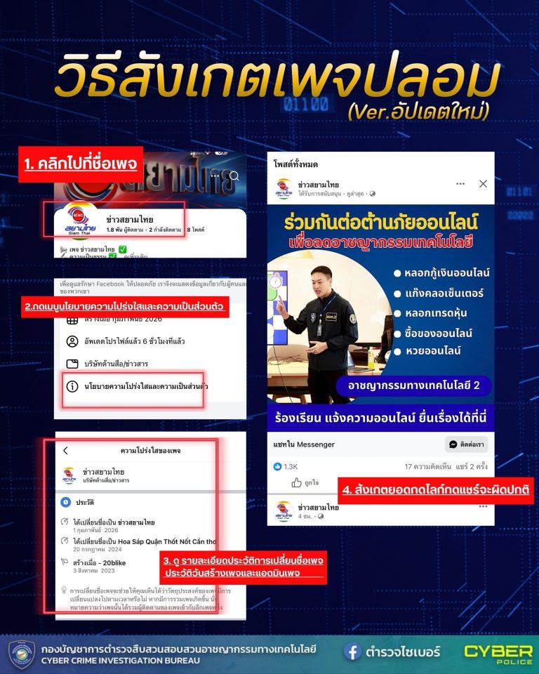 ตำรวจไซเบอร์เตือนภัย | วิธีสังเกตเพจปลอม ก่อนกดไลก์ ก่อนโอนเงิน อย่าลืมเช็กให้ชัวร์