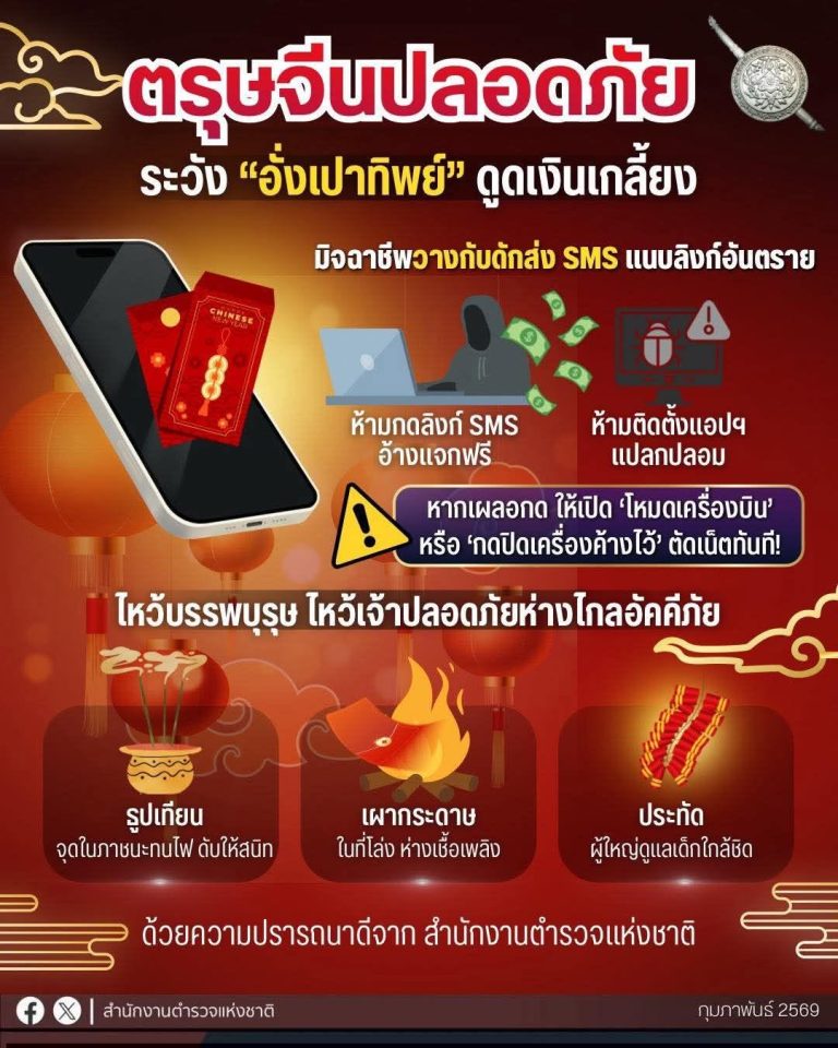 “วันจ่าย วันไหว้ วันเที่ยว ตรุษจีนเฮง เฮง”  อย่าหลงกลมิจจี้ หลอกส่ง “อั่งเปาทิพย์” ผ่าน SMS เป็นกับดักให้กดลิงก์ดูดเงิน