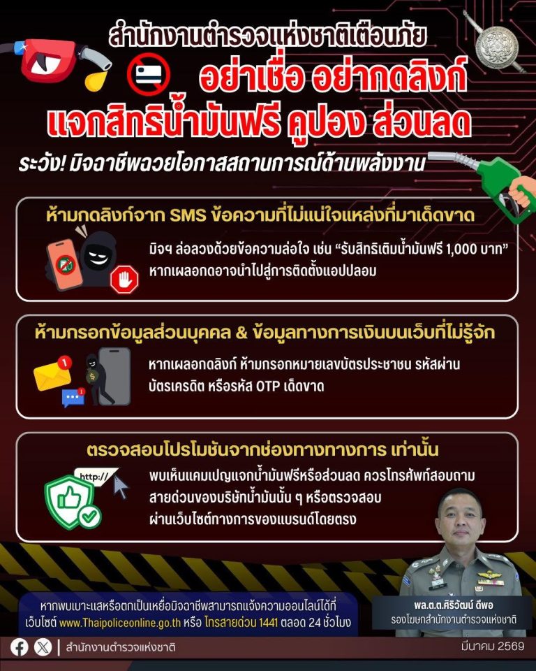 “เตือนภัย” มิจฉาชีพฉวยวิกฤตพลังงาน ส่งลิงก์หลอกแจกสิทธิเติมน้ำมันฟรี