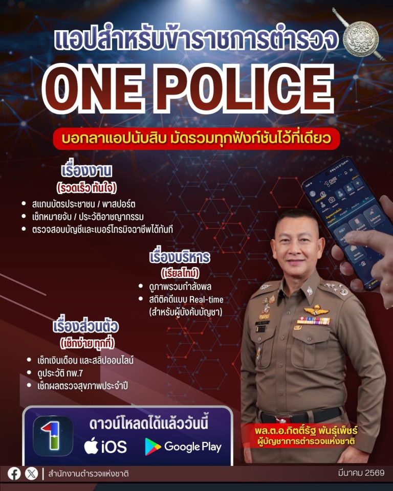 สำนักงานตำรวจแห่งชาติพัฒนาเทคโนโลยีตอบโจทย์การทำงานของตำรวจในการดูแลประชาชน เปิดตัวแอปพลิเคชัน “OnePolice” เพื่อข้าราชการตำรวจ แบบ One Stop Service