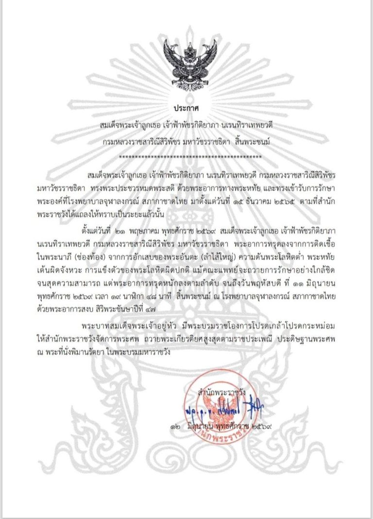 แถลงการณ์สำนักพระราชวัง สมเด็จพระเจ้าลูกเธอ เจ้าฟ้าพัชรกิติยาภา นเรนทิราเทพยวดี กรมหลวงราชสาริณีสิริพัชร มหาวัชรราชธิดา สิ้นพระชนม์