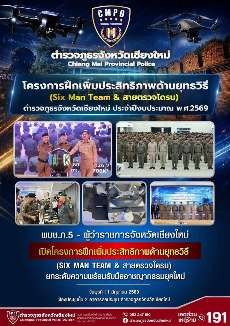 ตำรวจภูธรจังหวัดเชียงใหม่ เปิดโครงการฝึกเพิ่มประสิทธิภาพด้านยุทธวิธี (Six Man Team & สายตรวจโดรน) ยกระดับความพร้อมรับมืออาชญากรรมยุคใหม่