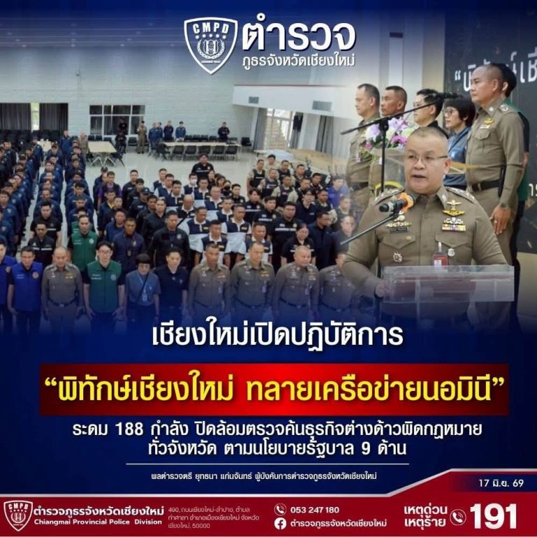 เชียงใหม่เปิดปฏิบัติการ “พิทักษ์เชียงใหม่ ทลายเครือข่ายนอมินี” ระดม 188 กำลัง ปิดล้อมตรวจค้นธุรกิจต่างด้าวผิดกฎหมายทั่วจังหวัด ตามนโยบายรัฐบาล 9 ด้าน