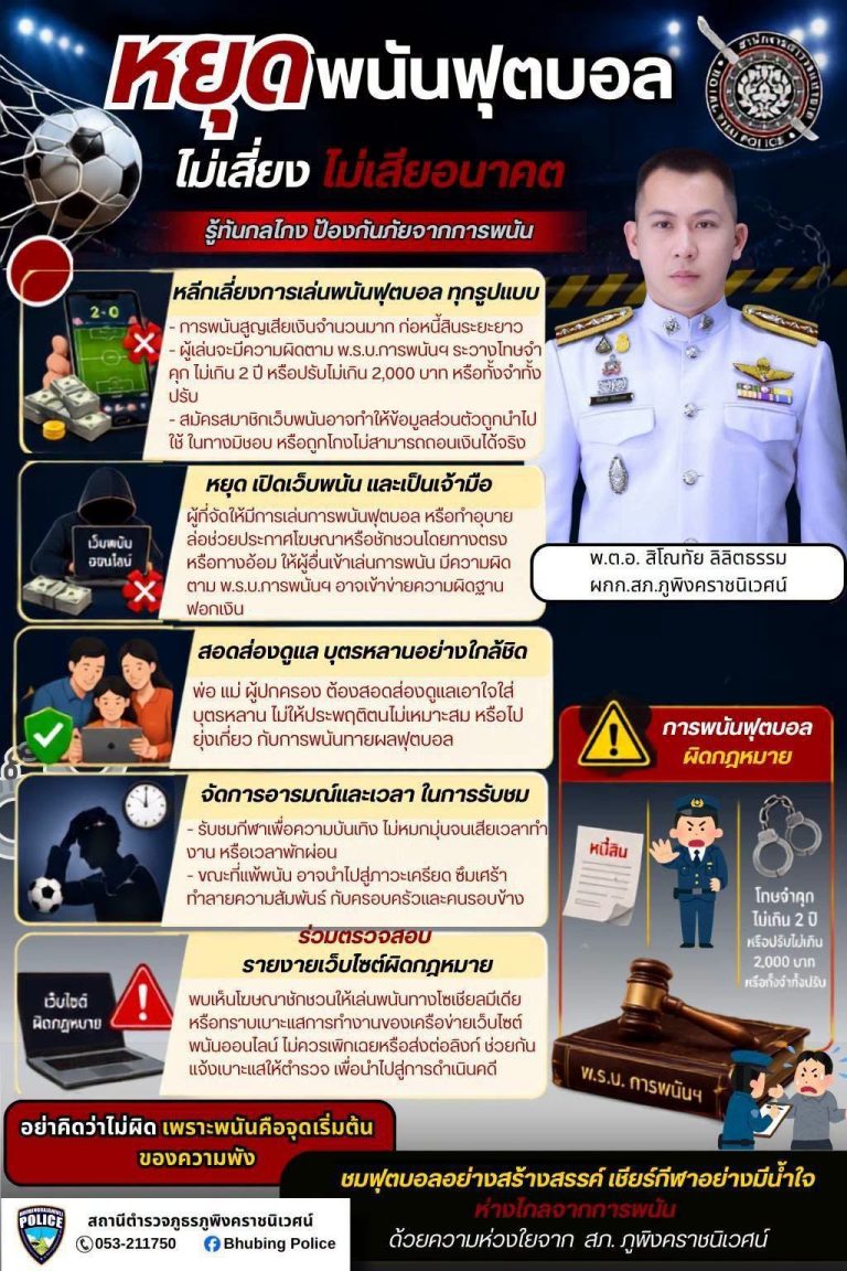 “การพนันเป็นทุกข์ เสี่ยงคุกเสี่ยงตาราง”  ด้วยความปรารถนาดีจาก สถานีตำรวจภูธรภูพิงคราชนิเวศน์