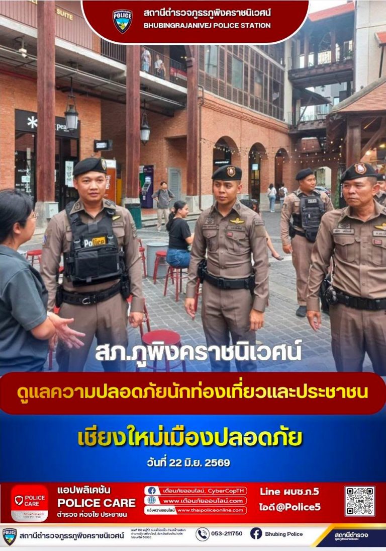 วันที่ 22 มิถุนายน 2569 เวลา 17.35 น. โดยการอำนวยการ พ.ต.อ.สิโณทัย ลิลิตธรรม ผกก.สภ.ภูพิงคราชนิเวศน์ มอบหมายให้ พ.ต.ท.เกียรติศักดิ์ ผัดก๋า รอง ผกก.ป.สภ.ภูพิงคราชนิเวศน์  พ.ต.ต.นราพัฒน์ บุญชายสุวรรณ สวป.สภ.ภูพิงคราชนิเวศน์ พร้อมด้วยข้าราชการตำรวจประจำจุดตรวจร่วมปล่อยเเถวบริเวณ one nimman เพื่อดูเเลความปลอดภัยนักท่องเที่ยวเเละป้องกันเหตุเกี่ยวกับทรัพย์