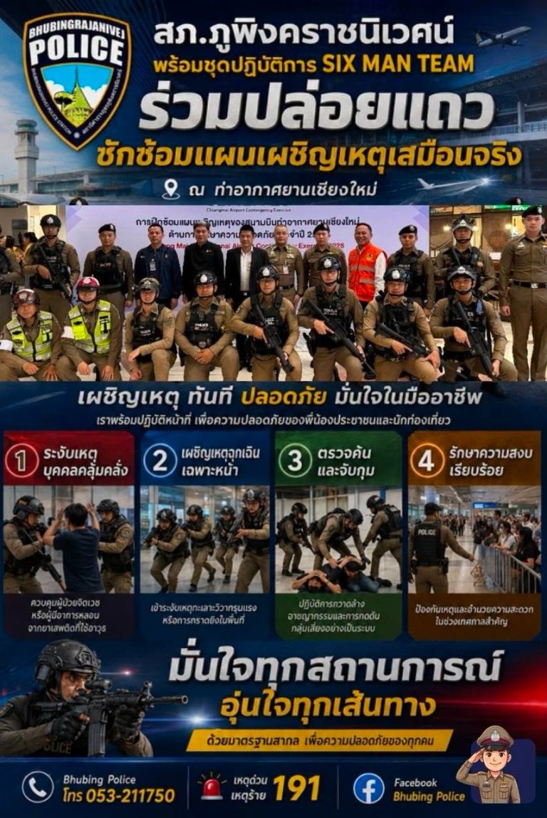 วันที่ 3 กรกฎาคม 2569 เวลา 22.00 น. พ.ต.อ.ฤทธิเดช อนันตโสภณ  รอง ผบก.ภ.จว.เชียงใหม่, พ.ต.อ.สิโณทัย ลิลิตธรรม  ผกก.สภ.ภูพิงคราชนิเวศน์, พ.ต.ท.เกียรติศักดิ์ ผัดก๋า  รอง ผกก.ป.สภ.ภูพิงคราชนิเวศน์, พ.ต.ต.นราพัฒน์ บุญชายสุวรรณ สวป.สภ.ภูพิงคราชนิเวศน์ พร้อมชุดปฏิบัติการ six man team, ชุดปฏิบัติการพิเศษ นปพ.ภ.จว.เชียงใหม่  ปล่อยเเถวซักซ้อมแผนเผชิญเหตุเสมือนจริง  ณ ท่าอากาศยานเชียงใหม่