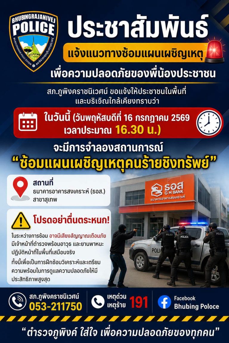 สภ.ภูพิงคราชนิเวศน์ ขอแจ้งให้ประชาชนในพื้นที่และบริเวณใกล้เคียงทราบว่า ในวันนี้ (วันพฤหัสบดีที่ 16 กรกฎาคม 2569 เวลาประมาณ 16.30 น.) จะมีการจำลองสถานการณ์ “ซ้อมแผนเผชิญเหตุคนร้ายชิงทรัพย์” ​ สถานที่: ธนาคารอาคารสงเคราะห์(ธอส.) สาขาสุเทพ