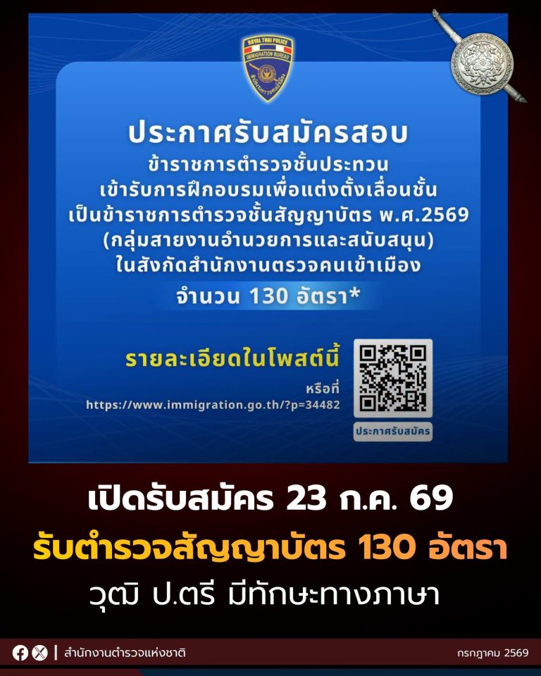 สำนักงานตรวจคนเข้าเมืองรับสมัครข้าราชการตำรวจชั้นประทวน เข้ารับการคัดเลือก เพื่อแต่งตั้งเลื่อนชั้นเป็นข้าราชการตำรวจชั้นสัญญาบัตร ประจำปีงบประมาณ พ.ศ. 2569 รวม 130 อัตรา