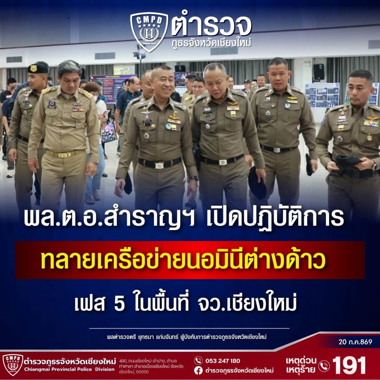 พล.ต.อ.สำราญ นวลมา รอง ผบ.ตร.นำกำลังตำรวจภูธรภาค 5 ตำรวจภูธรจังหวัดเชียงใหม่ และสำนักงานตรวจคนเข้าเมืองพร้อมด้วยหน่วยร่วมปฏิบัติที่เกี่ยวข้อง เปิดปฏิบัติการ Operation”พิทักษ์เชียงใหม่ ทลายเครือข่ายนอมินี พื้นที่อำเภอสารภี จังหวัดเชียงใหม่