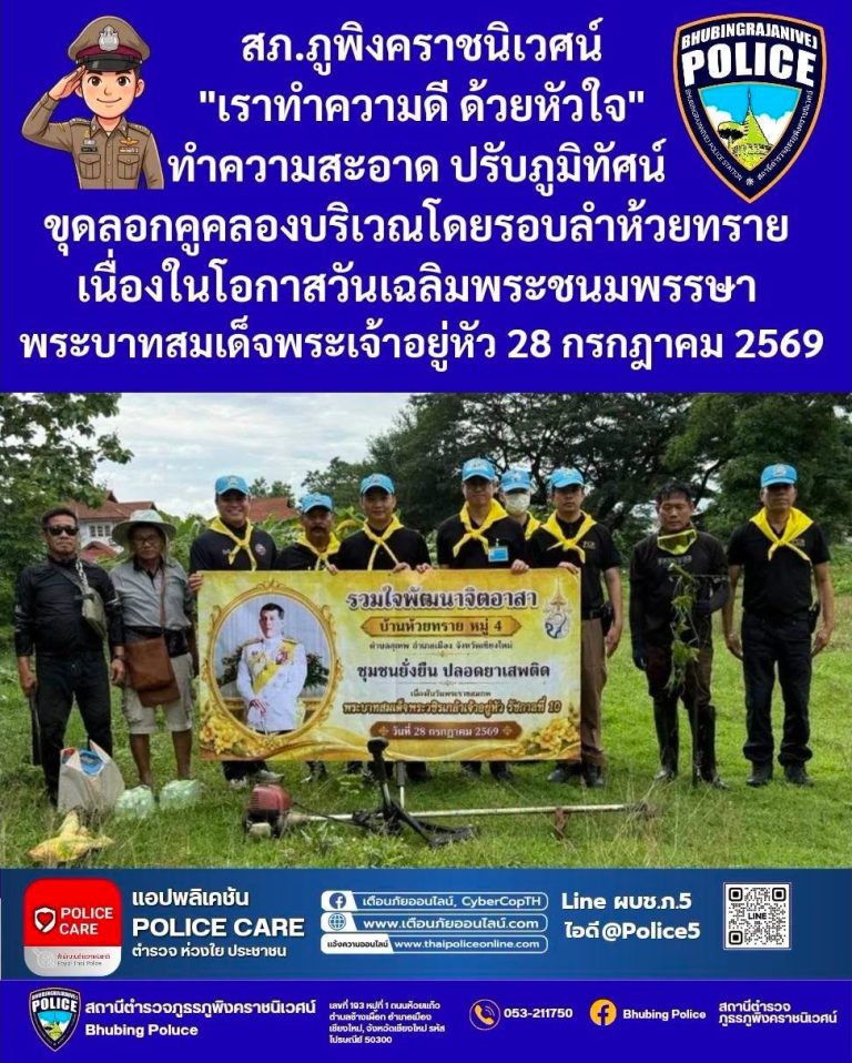 วันที่ 23 กรกฎาคม 2569 เวลา 08.30 น. ภายใต้การอำนวยการของ  พ.ต.อ.สิโณทัย ลิลิตธรรม  ผกก.สภ.ภูพิงคราชนิเวศน์  มอบหมายให้  พ.ต.ท.เกียรติศักดิ์ ผัดก๋า  รอง ผกก.ป.ฯ  พ.ต.ท.เจษฎา พันธุ์แก้ว  สวป.(ชส.)ฯ พร้อม ชุด ชมส. ร่วมกับผู้ใหญ่บ้าน , อสม. บ้านห้วยทราย ม.4  ร่วมจัดกิจกรรมจิตอาสา