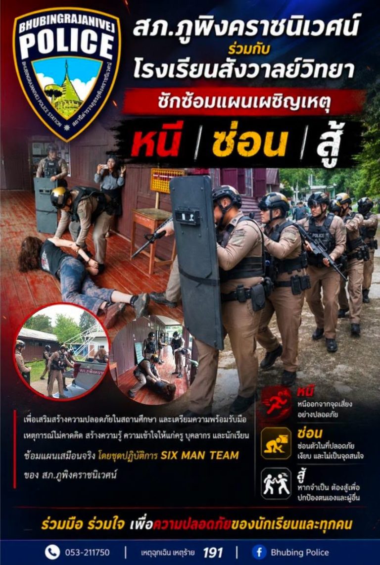 สถานีตำรวจภูธรภูพิงคราชนิเวศน์ ทำการฝึกซ้อมแผนเผชิญเหตุกรณีคนร้ายกราดยิง (Active Shooter) ภายใต้หลักปฏิบัติ “หนี ซ่อน สู้” (Run Hide Fight) ให้แก่คณะครู และนักเรียน โรงเรียนสังวาลย์วิทยา  อ.เมือง จ.เชียงใหม่