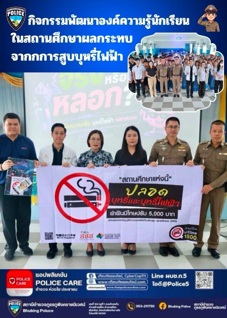 สภ.ภูพิงค์ราชนิเวศน์ ร่วมกับ (สสส.)ให้ความรู้แก่นักเรียนเรื่องโทษของบุหรี่ไฟฟ้า โรงเรียนบ้านโป่งน้อย ต.สุเทพ อ.เมือง จ.เชียงใหม่