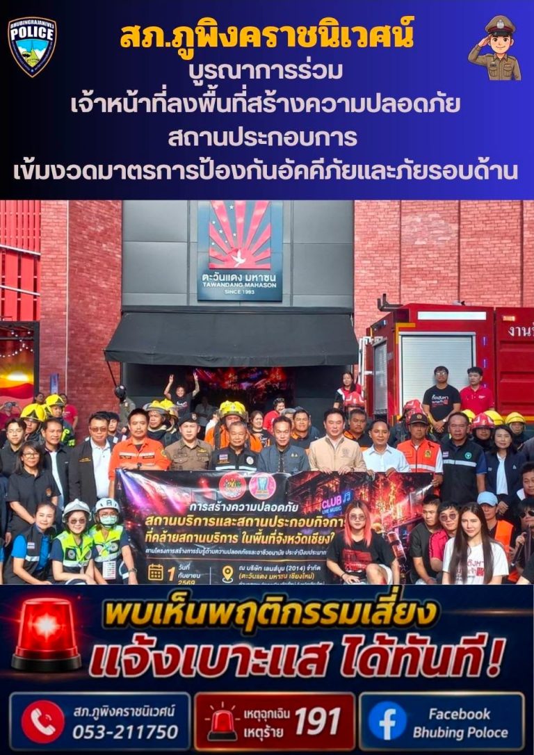 วันที่ 1 กันยายน 2569 เวลา 15.00 น. พ.ต.อ.สิโณทัย ลิลิตธรรม  ผกก.สภ.ภูพิงคราชนิเวศน์ พ.ต.ท.เกียรติศักดิ์ ผัดก๋า  รอง ผกก.ป.สภ.ภูพิงคราชนิเวศน์ พ.ต.ต.นราพัฒน์ บุญชายสุวรรณ  สวป.สภ.ภูพิงคราชนิเวศน์ พร้อมเจ้าหน้าที่ตำรวจสายตรวจ สภ.ภูพิงคราชนิเวศน์  เข้าร่วมพิธีเปิด และมอบหมายเจ้าหน้าที่ร่วมดำเนินการ โครงการสร้างการรับรู้ด้านความปลอดภัยและ อาชีวอนามัยให้แก่สถานบริการและร่วมซ้อมแผนเผชิญเหตุอัคคีภัย
